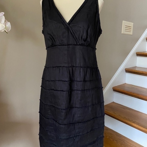 Talbots Tiered Black Linen Dress 10 - Picture 2 of 8